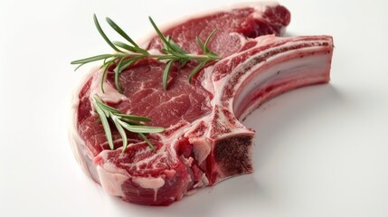 Wall Mural - Single raw portion rack of lamb with bone-in chops topped on white background
