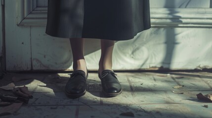 Poster - A woman wearing a black dress and black shoes. Suitable for fashion or formal events