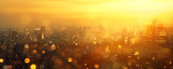 Wall Mural - panoramic view of the urban landscape, blurred golden light, golden sunlight Generative AI