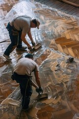 Aufkleber - Two men working on a wooden floor with plastic. Suitable for construction and renovation projects