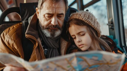 Aufkleber - A man and a little girl studying a map. Suitable for travel and navigation concepts