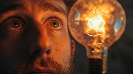 Poster - Man looking up at a bright light bulb, suitable for business concepts