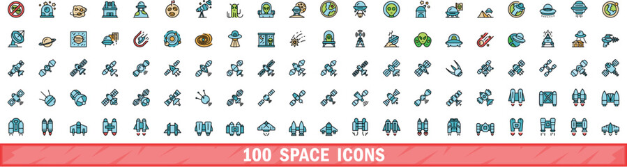 Poster - 100 space icons set. Color line set of space vector icons thin line color flat on white