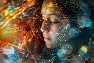 Poster - Close up of a woman's face with lights in the background. Suitable for various design projects