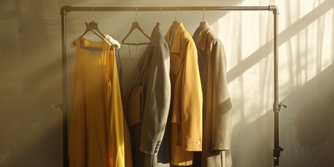 Poster - Various clothes hanging on a rack in a room. Ideal for fashion and organization concepts