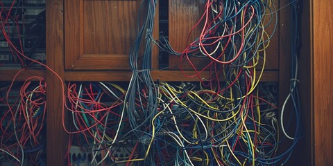 Poster - Messy bunch of wires in a room, ideal for tech and organization concepts