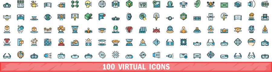 Poster - 100 virtual icons set. Color line set of virtual vector icons thin line color flat on white