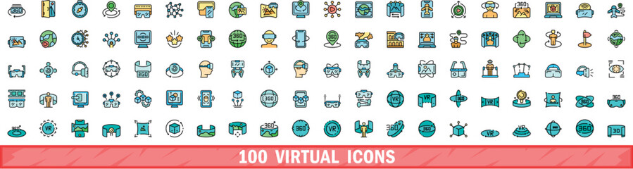 Poster - 100 virtual icons set. Color line set of virtual vector icons thin line color flat on white