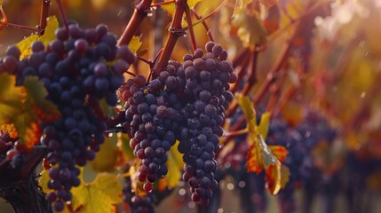 Poster - Ripe grapes hanging from a vine, perfect for wine labels or fruit ads