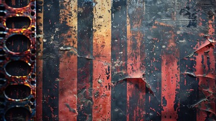 Poster - A striking red and black striped wall adorned with hanging chains. Perfect for industrial or grunge themed designs