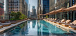 A trendy rooftop pool encircled by skyscrapers, furnished with lounge chairs and umbrellas, forming an elegant urban retreat