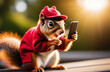 Cute squirrel pointing with finger at smartphone with blank screen