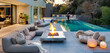 An opulent refuge by the pool featuring a fire pit, cozy seats, and modern sculptures that accentuate the modern architecture