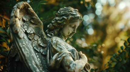 Poster - A serene angel statue surrounded by lush greenery. Perfect for garden decor or religious themes