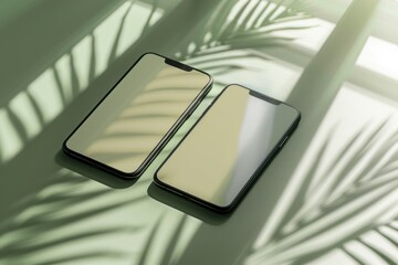 Aufkleber - A couple of cell phones placed on a table. Suitable for technology concepts