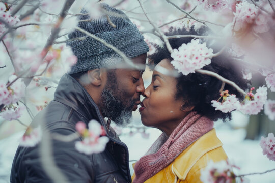 A man and woman kissing under a tree with pink flowers