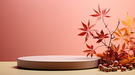 Poster - Podium product showcase adorned with autumn leaves against a blank background, warm sunlight casting gentle shadows on the products, creating an inviting and seasonal display