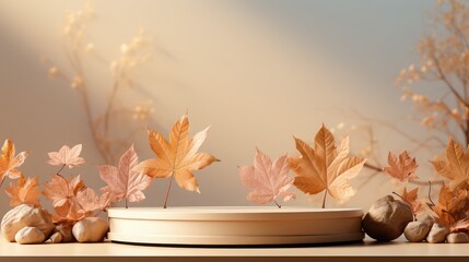 Poster - Podium product showcase adorned with autumn leaves against a blank background, warm sunlight casting gentle shadows on the products, creating an inviting and seasonal display