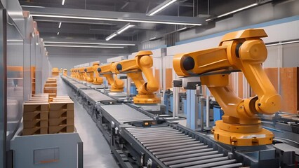 Wall Mural - Arm of automobile production line. Large production line with industrial robot arms at modern factory. Automated Manufacturing Facility	