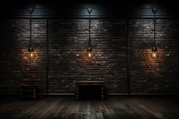 Poster - Black brick wall background with subtle reflections, bathed in moody, low-key lighting, emphasizing the depth and richness of the dark bricks