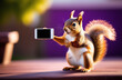 Cute squirrel pointing with finger at smartphone with blank screen isolated on purple 