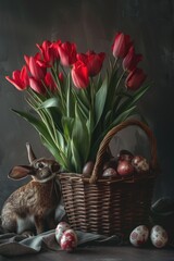 Poster - A cute rabbit sitting next to a basket of vibrant red tulips. Ideal for Easter and spring-themed designs