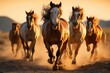 Horses in full gallop their flowing manes catching the wind, running across a golden savannah under the warm rays of a setting sun, emphasizing the power and grace of their movement