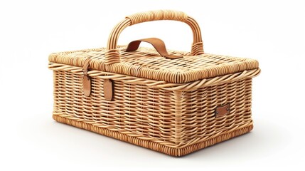 Poster - A simple wicker basket with a handle on a clean white background. Perfect for showcasing products or for use in crafts projects