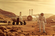 Futuristic Human Base on Mars. Mars rover and Spaceman with Cutting-Edge Design, Mars bases and a Rover next to a human dressed in space suit. Ai generated