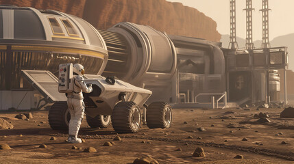 Wall Mural - futuristic human base on mars. mars rover and spaceman with cutting-edge design, mars bases and a ro