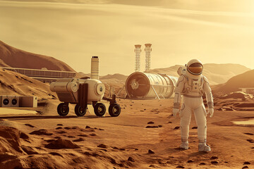 Wall Mural - futuristic human base on mars. mars rover and spaceman with cutting-edge design, mars bases and a ro