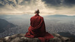 Buddhist monk dressed in red , bald head, meditates on mountain top and looks at city. Serene Buddhist Monk in Red Contemplates Cityscape from Mountain Summit. Ai generated