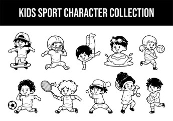 Kids sports character vector outline sketch illustration set