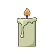 A white burning lamp with dripping drops of wax. Flame and wick. The illustration is in a flat style.