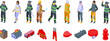 Fireman department work icons set isometric vector. Adult character. Uniform equipment
