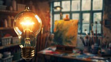 A Single, Vividly Glowing Light Bulb Floats In The Foreground Of A Spacious, Artistically Cluttered Studio, Casting A Halo Of Light That Symbolizes The Birth Of An Idea.