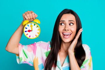 Sticker - Photo of nice lady open mouth scream hold alarm clock wear shirt isolated on turquoise color background