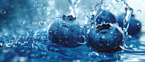 Poster -   A cluster of blueberries resting atop a blue water-covered tabletop with droplets of water on them