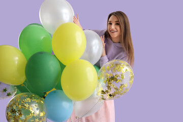 Poster - Young woman with colorful balloons on lilac background