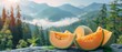   A cantaloupe sliced in half, resting on a boulder against a backdrop of majestic mountains