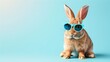 Cool Rabbit Wearing Sunglasses on Blue Background. Stylish Bunny Portrait, Concept of Summer and Fashion. Cute Animal with Attitude. AI