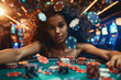 young hispanic woman sitting at casino table with many poker chips flying around, latin female gambling and winning, looking confident and attractive, gamble establishment concept