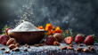 A bowl of flour sits amidst a mix of strawberries and almonds on a table