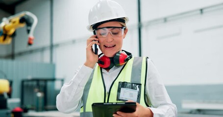 Leinwandbilder - Phone call, woman and tablet in warehouse for contact, communication or information for work in industrial career. Female person, engineer or manager with mobile technology for planning or checklist