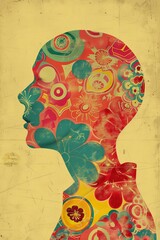 Aufkleber - A silhouette profile of a person filled with a colorful abstract floral pattern is a bold artistic statement