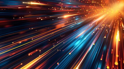 Poster - Abstract glowing lines in blue and red hues - A mesmerizing display of abstract glowing lines rush towards a bright center in shades of blue and red, creating a sense of speed and motion