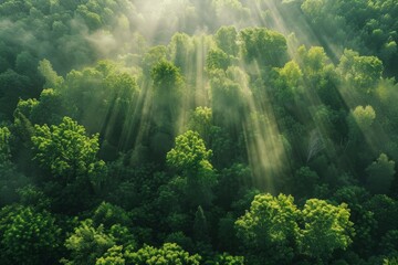 Poster - A breathtaking aerial view of sunbeams streaming through the dense foliage of a vibrant green forest