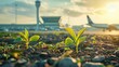 Green plant growing on the airport with a business private jet behind, emphasizing the environmental impact of aviation. AI generated illustration