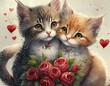 cats with red flowers and hearts