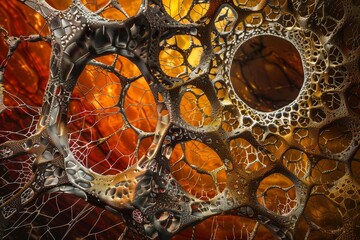 Poster - Stunning image depicting a complex web-like structure in shades of golden brown that resembles organic, interconnected tissue or neural networks